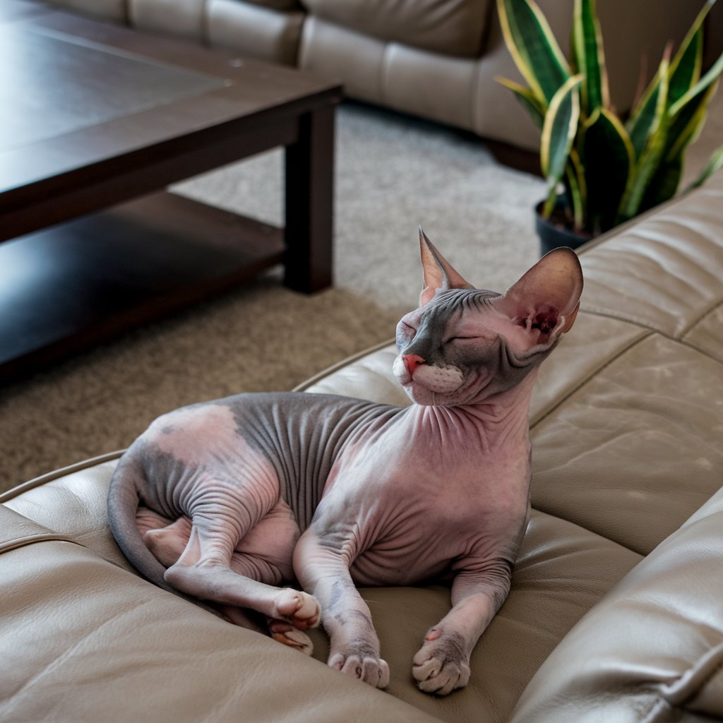 Gato Sphynx sem pelos descansando em um sofá de couro bege, com olhos fechados, em uma sala com planta decorativa e mesa de madeira ao fundo.