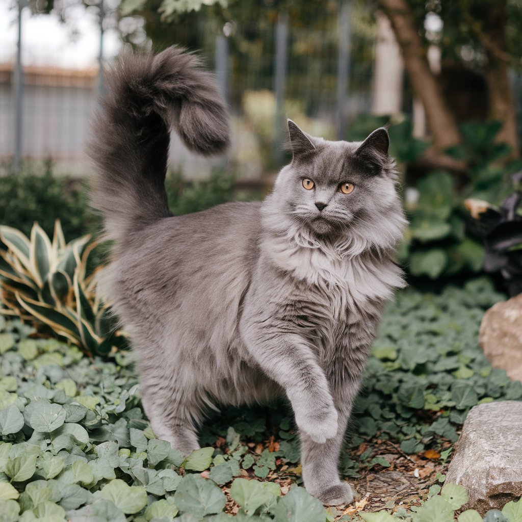 A imagem mostra um gato cinza com uma cauda espessa e pelagem densa, posando elegantemente em um jardim com folhas verdes ao redor. Seus olhos têm um tom amarelado, e a expressão do gato transmite confiança e curiosidade. Caso você precise de mais informações ou descrições, estou à disposição!