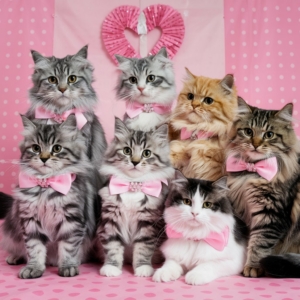 Grupo de gatos de diferentes raças usando gravatas borboleta rosa com detalhes brilhantes, posando em um fundo rosa decorado com padrão de bolinhas e coração.