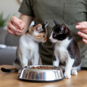 Dois filhotes de gato, um malhado e outro preto e branco, sentados frente a frente ao lado de uma tigela de ração. Uma pessoa, usando camiseta verde, está ao fundo com as mãos próximas dos filhotes, parecendo orientá-los.