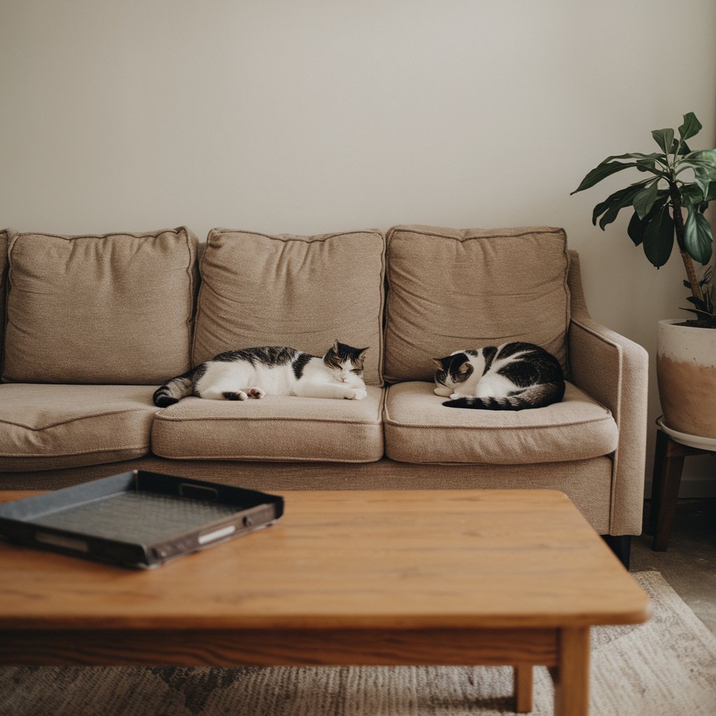 Dois gatos listrados com manchas brancas dormindo sobre um sofá bege em uma sala de estar minimalista. À frente, uma mesa de centro de madeira com uma bandeja, e ao lado, uma planta em um vaso grande decorando o ambiente. A iluminação é suave e acolhedora.