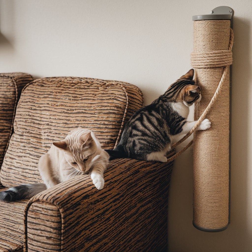 Dois gatos, um brincando em arranhador de corda na parede e outro deitado no braço do sofá texturizado, em uma sala aconchegante.