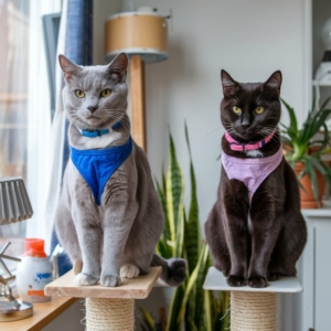 Dois gatos sentados em arranhadores, um cinza usando peitoral azul e o outro preto com peitoral rosa, em ambiente interno decorado com plantas.