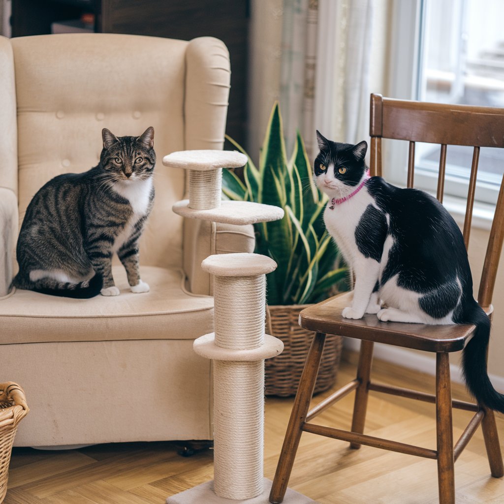 Dois gatos em sala aconchegante, um tigrado sentado em poltrona bege e outro preto e branco sobre cadeira de madeira, com arranhador e planta decorativa ao fundo.