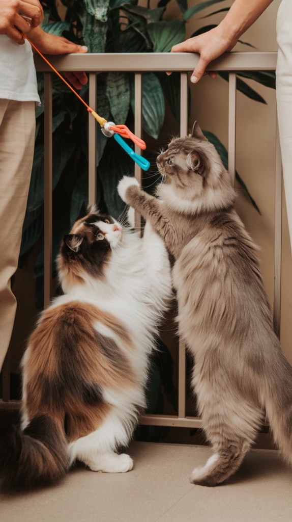 Dois gatos brincando com vara de brinquedo, um com pelagem cinza e outro tricolor, em ambiente doméstico com plantas ao fundo.