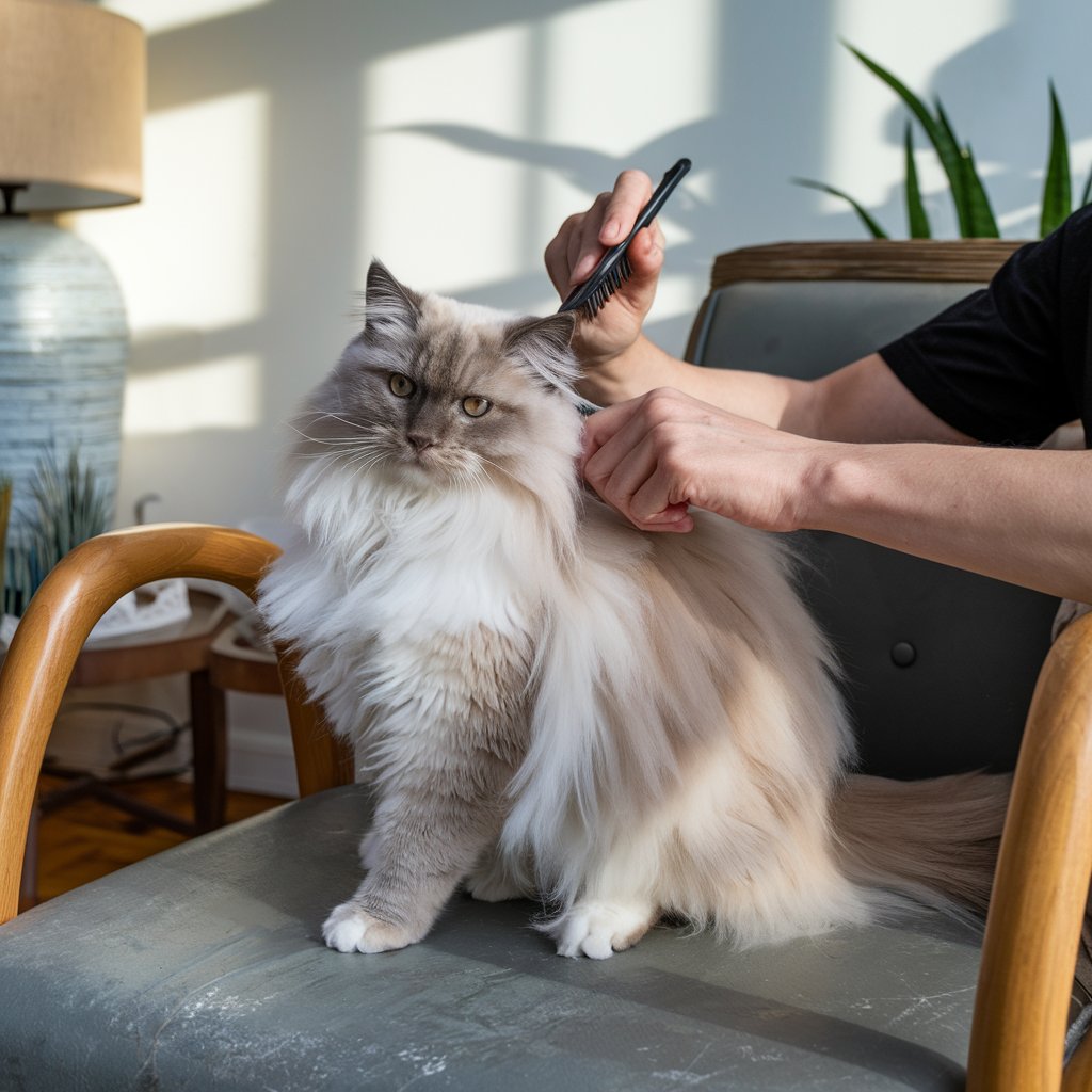 Gato Ragdoll de pelo longo sendo cuidadosamente penteado por uma pessoa, sentado em uma cadeira, com ambiente iluminado e aconchegante ao fundo.