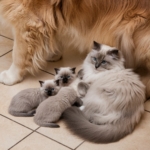 A imagem mostra uma gata da raça Ragdoll com seus filhotes deitados sobre o piso de azulejos. A mãe, de pelagem clara e olhos azuis intensos, está deitada enquanto observa a câmera, cercada por seus três filhotes. Os gatinhos têm características semelhantes, com pelagem cinza claro e extremidades escuras, além de olhos azuis. No canto superior esquerdo, é possível ver parte das patas e a pelagem de um cão grande e dourado. O ambiente é acolhedor e evidencia o cuidado e o aconchego entre os animais.