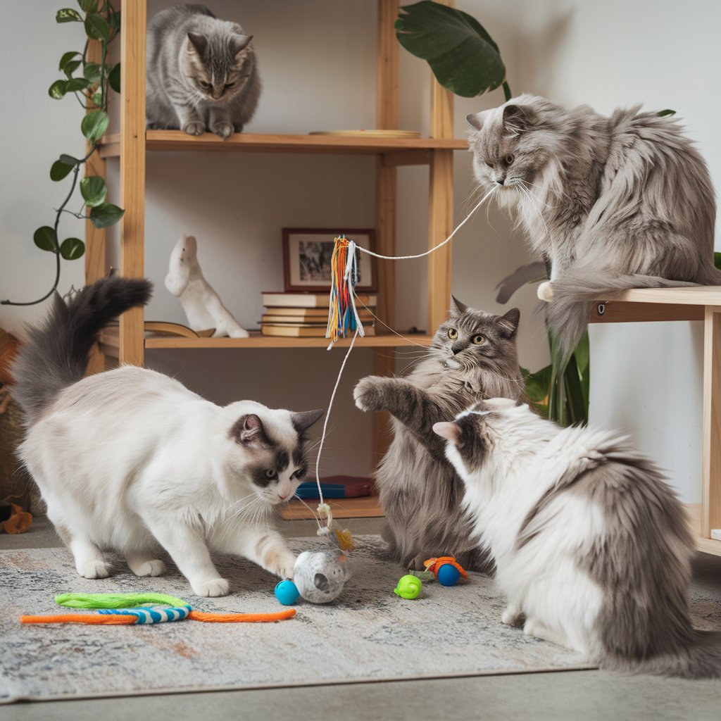 Sala com vários gatos brincando e interagindo com brinquedos coloridos no chão, incluindo ratos de brinquedo e cordas. Um gato está no topo de uma estante de madeira, outro sentado em um banco, enquanto outros três estão no chão. A decoração inclui plantas e prateleiras com livros e objetos decorativos. O ambiente é iluminado por luz natural.