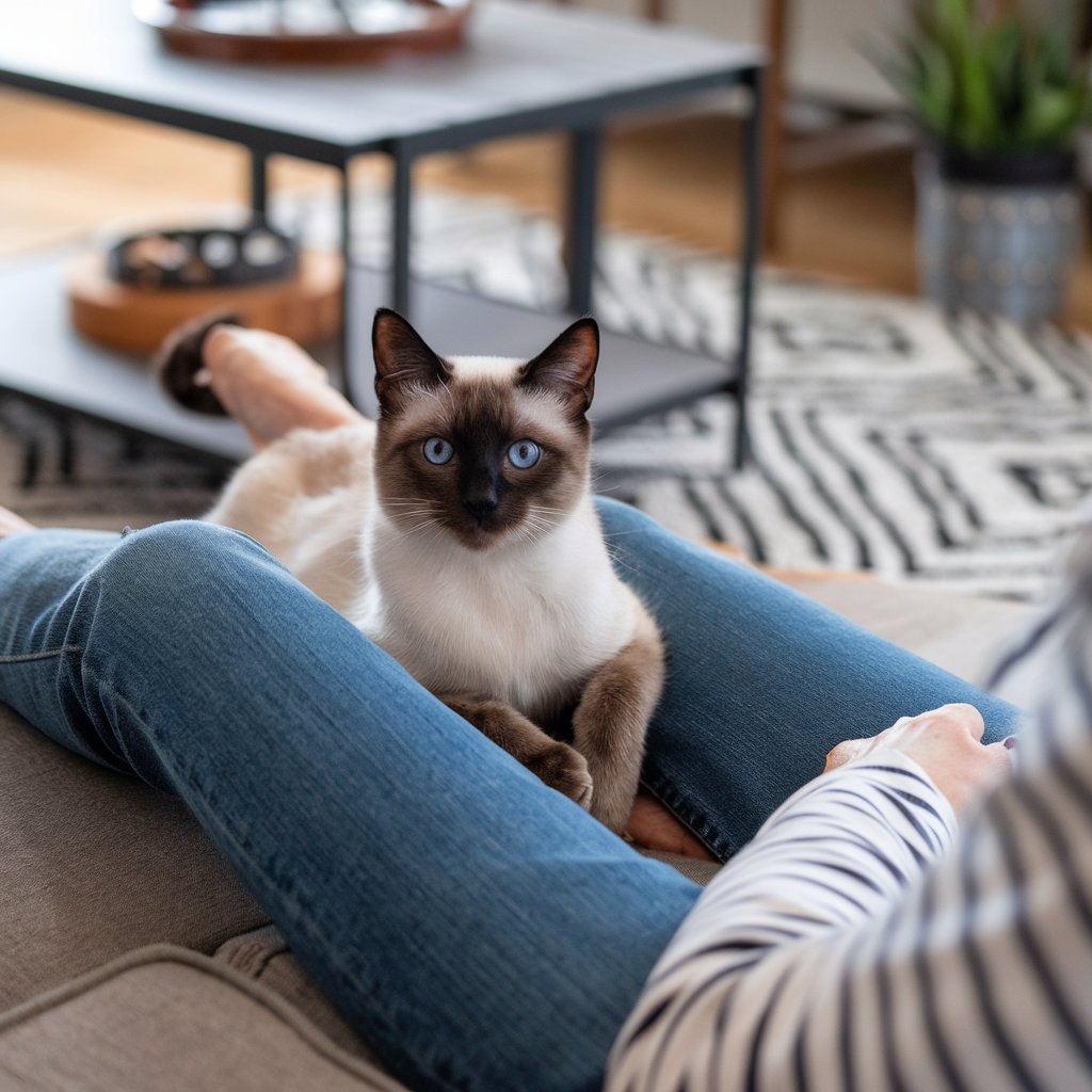 Gato siamês de olhos azuis sentado confortavelmente entre as pernas de uma pessoa deitada no sofá, em ambiente aconchegante e moderno.