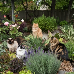 Imagem 40: Quatro gatos de diferentes raças e cores sentados em um jardim florido, cercados por plantas, flores e lavandas. Ao fundo, árvores e uma cerca de madeira criam um ambiente natural e acolhedor. Um gato laranja está centralizado, enquanto os outros estão distribuídos em torno das plantas.