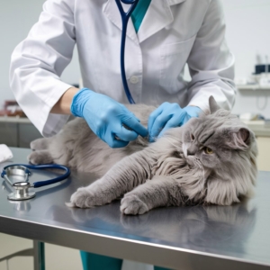 Veterinário de luvas azuis examinando um gato cinza de pelos longos em uma mesa de clínica, com estetoscópio ao lado e ambiente hospitalar ao fundo.