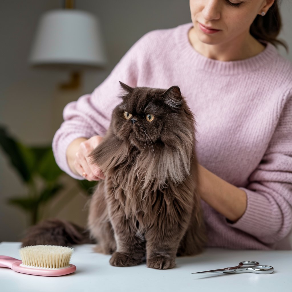 Mulher cuidando de um gato Persa de pelagem escura, com escova rosa e tesoura sobre a mesa, em um ambiente doméstico bem iluminado.