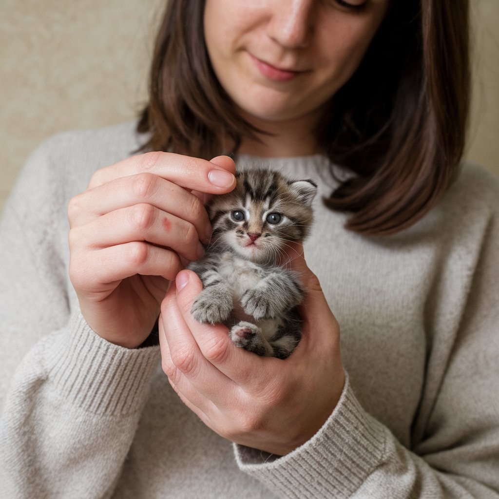 Mulher segurando filhote de gato recém-nascido tigrado com expressão curiosa, enquanto acaricia suavemente sua cabeça.