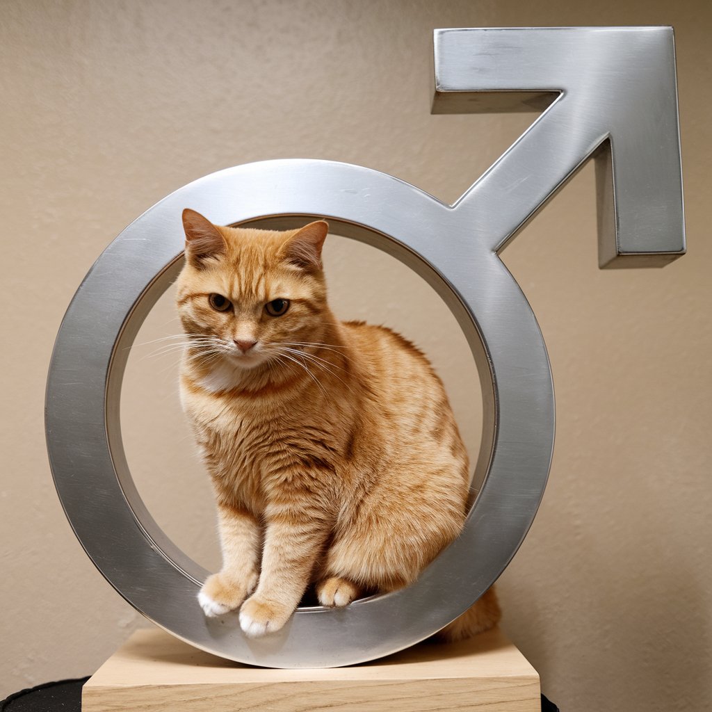 Imagem de um gato laranja sentado dentro de uma estrutura metálica prateada em forma do símbolo masculino (círculo com uma seta apontando para o canto superior direito), sobre uma base de madeira, com um fundo neutro.