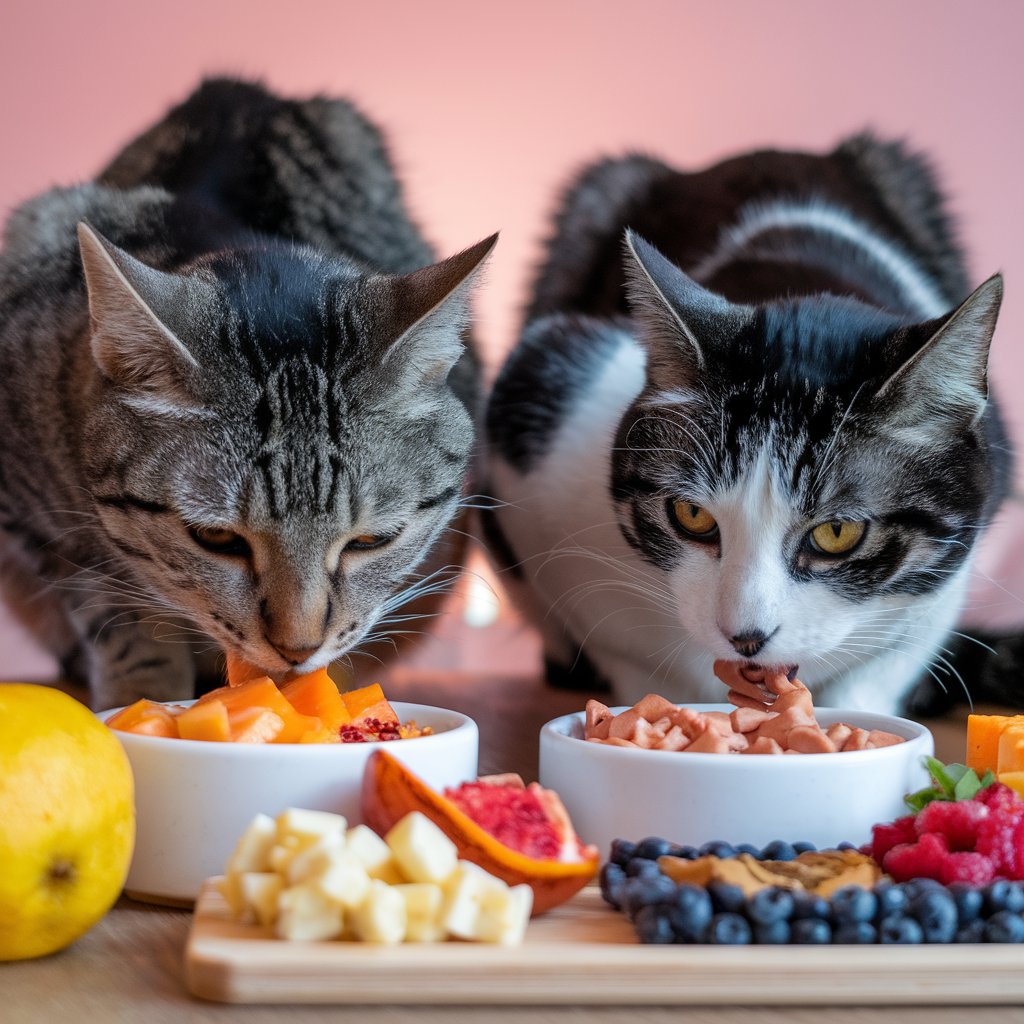 Dois gatos comendo em tigelas, cercados por frutas frescas e petiscos saudáveis, em uma superfície de madeira com fundo rosado.