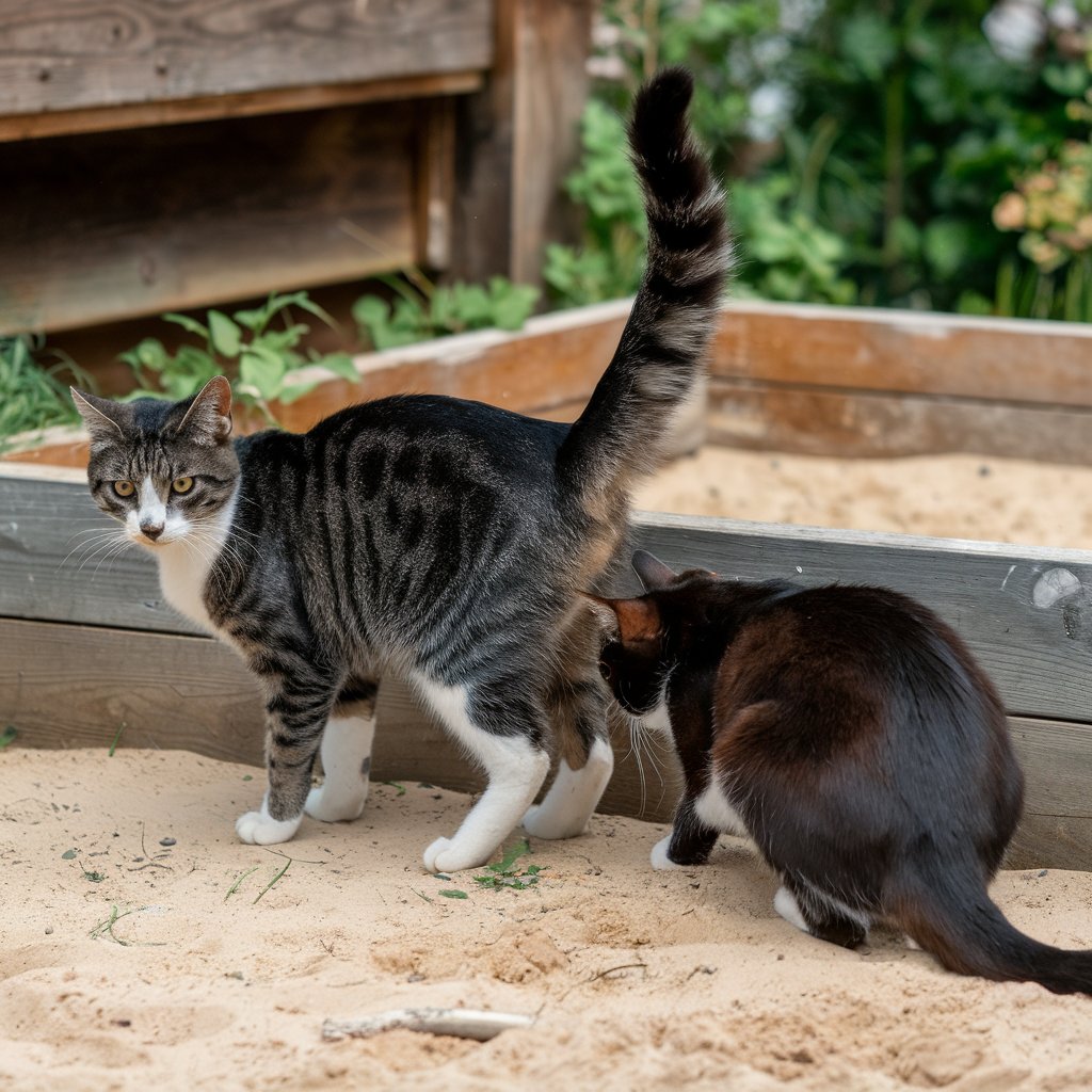 Dois gatos em caixa de areia externa, um preto e branco agachado e outro tigrado cinza com cauda erguida, em ambiente natural com vegetação ao fundo.