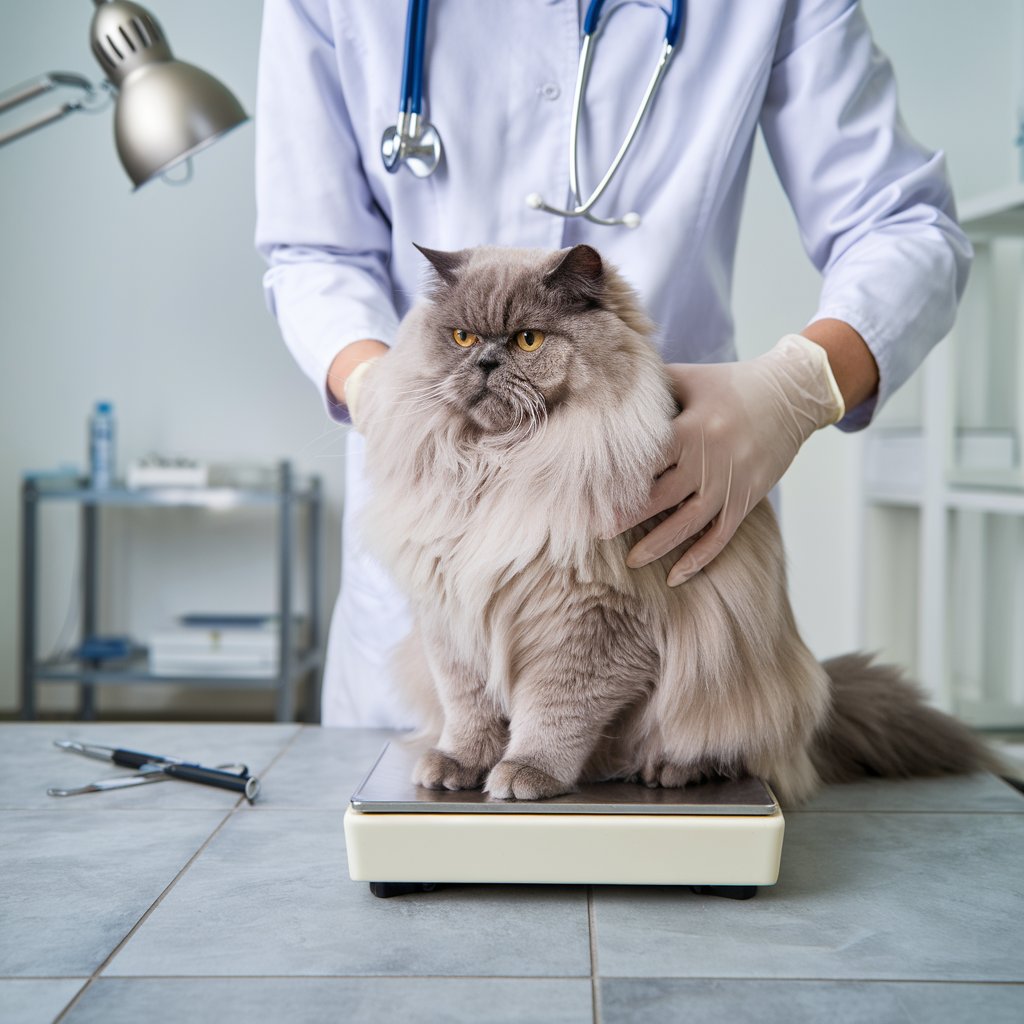 Uma imagem de um veterinário pesando um gato balinês obeso. O gato está sentado em uma balança e tem um pelo cinza fofo. O veterinário está usando um jaleco branco e um par de luvas. O fundo contém alguns instrumentos médicos e uma lâmpada. O piso é feito de ladrilhos cinza.