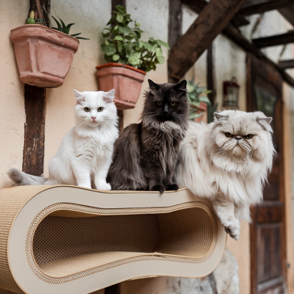 Três gatos de diferentes cores e tamanhos sentados sobre um arranhador moderno de formato ondulado. À esquerda, um gato branco jovem, ao centro, um gato preto de pelagem longa, e à direita, um gato persa branco com expressão séria. Ao fundo, vasos de plantas pendurados em uma parede externa e detalhes rústicos de madeira e alvenaria.





