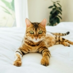 Gato Bengal de pelagem dourada com manchas e listras pretas, deitado sobre uma cama com lençol branco. O ambiente é iluminado por luz natural, com uma planta decorativa desfocada ao fundo.