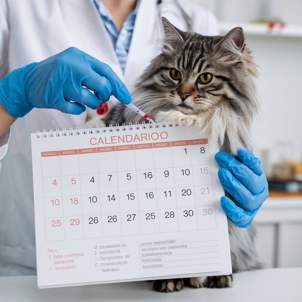 Gato listrado de pelo longo ao lado de um calendário de vacinação em português, segurado por um veterinário usando luvas azuis. O veterinário aponta para o calendário com uma seringa, destacando a importância da vacinação. O fundo é uma clínica veterinária com prateleiras desfocadas.